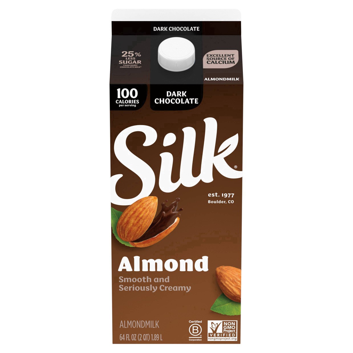 slide 4 of 37, Silk Almond Milk, Dark Chocolate, Dairy Free, Gluten Free, Seriously Creamy Vegan Milk with 25% Less Sugar than Dairy Chocolate Milk, 64 FL OZ Half Gallon, 64 fl oz