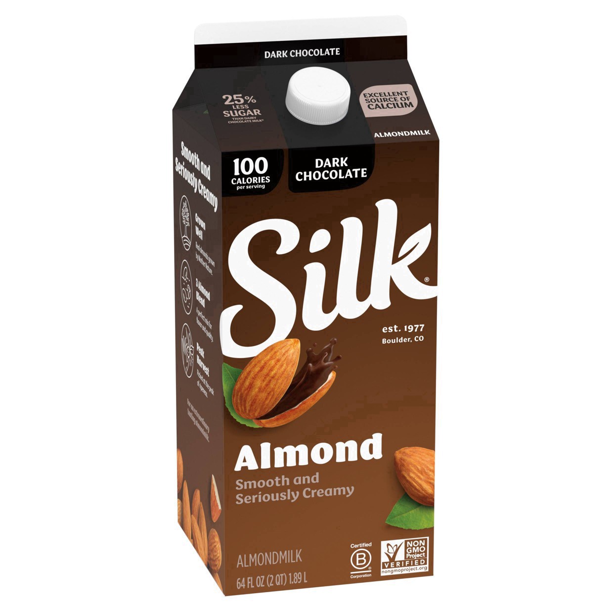 slide 24 of 37, Silk Almond Milk, Dark Chocolate, Dairy Free, Gluten Free, Seriously Creamy Vegan Milk with 25% Less Sugar than Dairy Chocolate Milk, 64 FL OZ Half Gallon, 64 fl oz