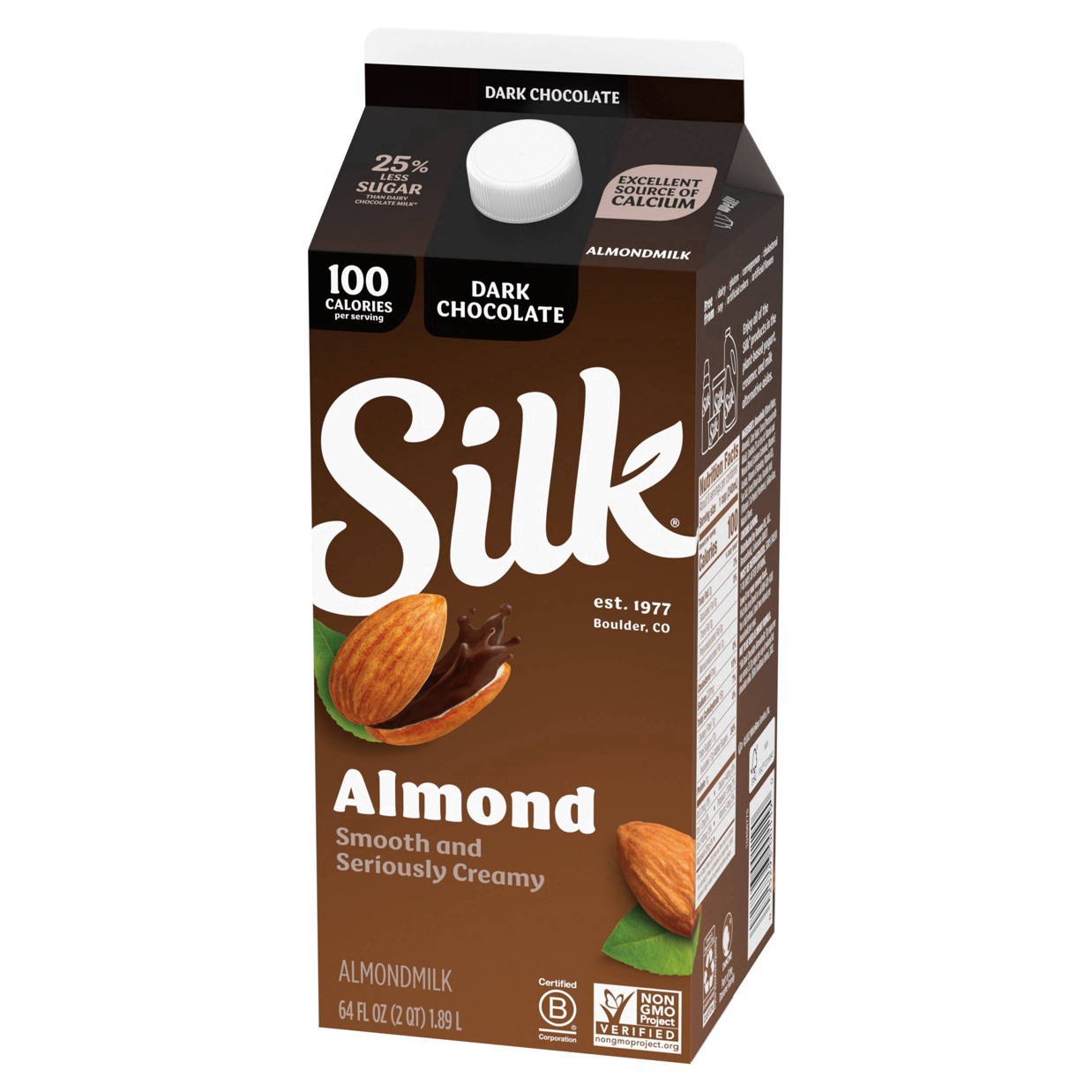 slide 5 of 37, Silk Almond Milk, Dark Chocolate, Dairy Free, Gluten Free, Seriously Creamy Vegan Milk with 25% Less Sugar than Dairy Chocolate Milk, 64 FL OZ Half Gallon, 64 fl oz