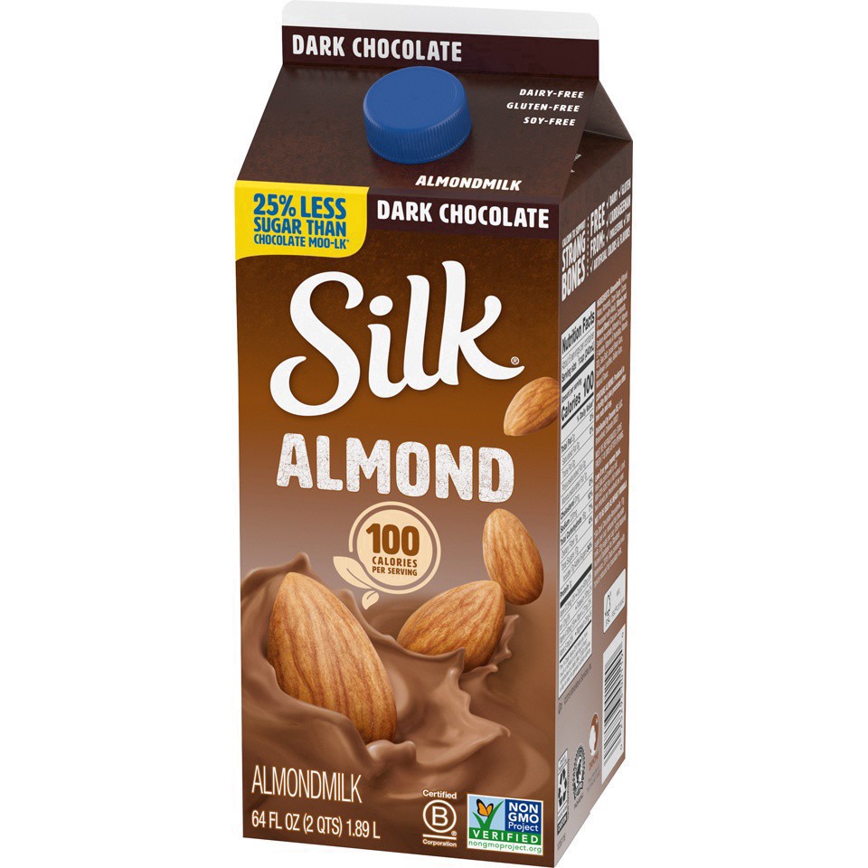 slide 15 of 37, Silk Almond Milk, Dark Chocolate, Dairy Free, Gluten Free, Seriously Creamy Vegan Milk with 25% Less Sugar than Dairy Chocolate Milk, 64 FL OZ Half Gallon, 64 fl oz