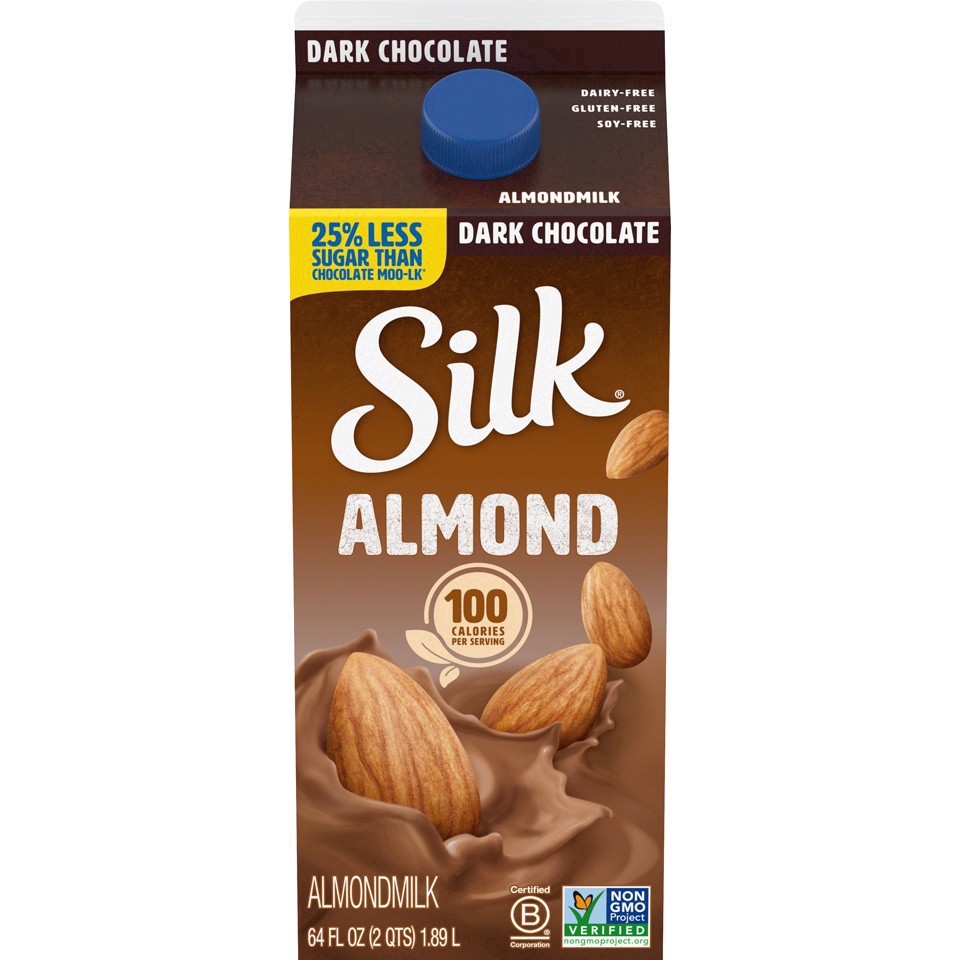 slide 20 of 37, Silk Almond Milk, Dark Chocolate, Dairy Free, Gluten Free, Seriously Creamy Vegan Milk with 25% Less Sugar than Dairy Chocolate Milk, 64 FL OZ Half Gallon, 64 fl oz