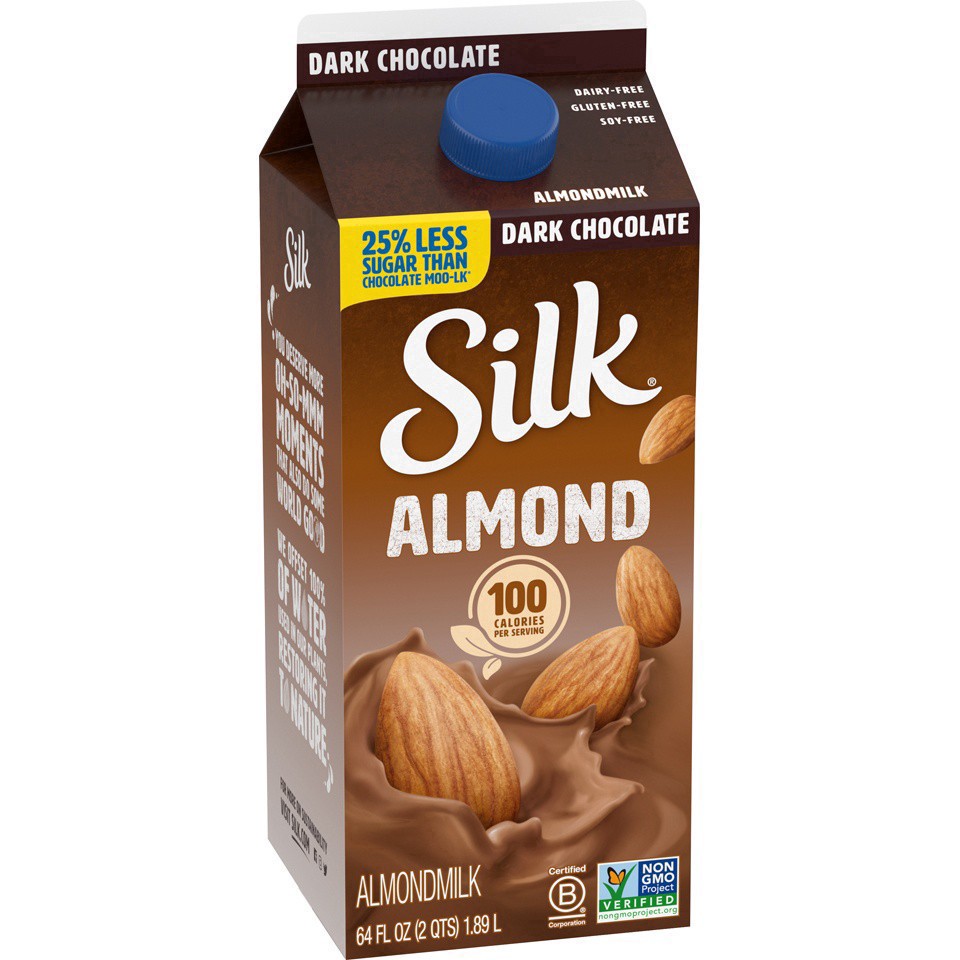 slide 11 of 37, Silk Almond Milk, Dark Chocolate, Dairy Free, Gluten Free, Seriously Creamy Vegan Milk with 25% Less Sugar than Dairy Chocolate Milk, 64 FL OZ Half Gallon, 64 fl oz