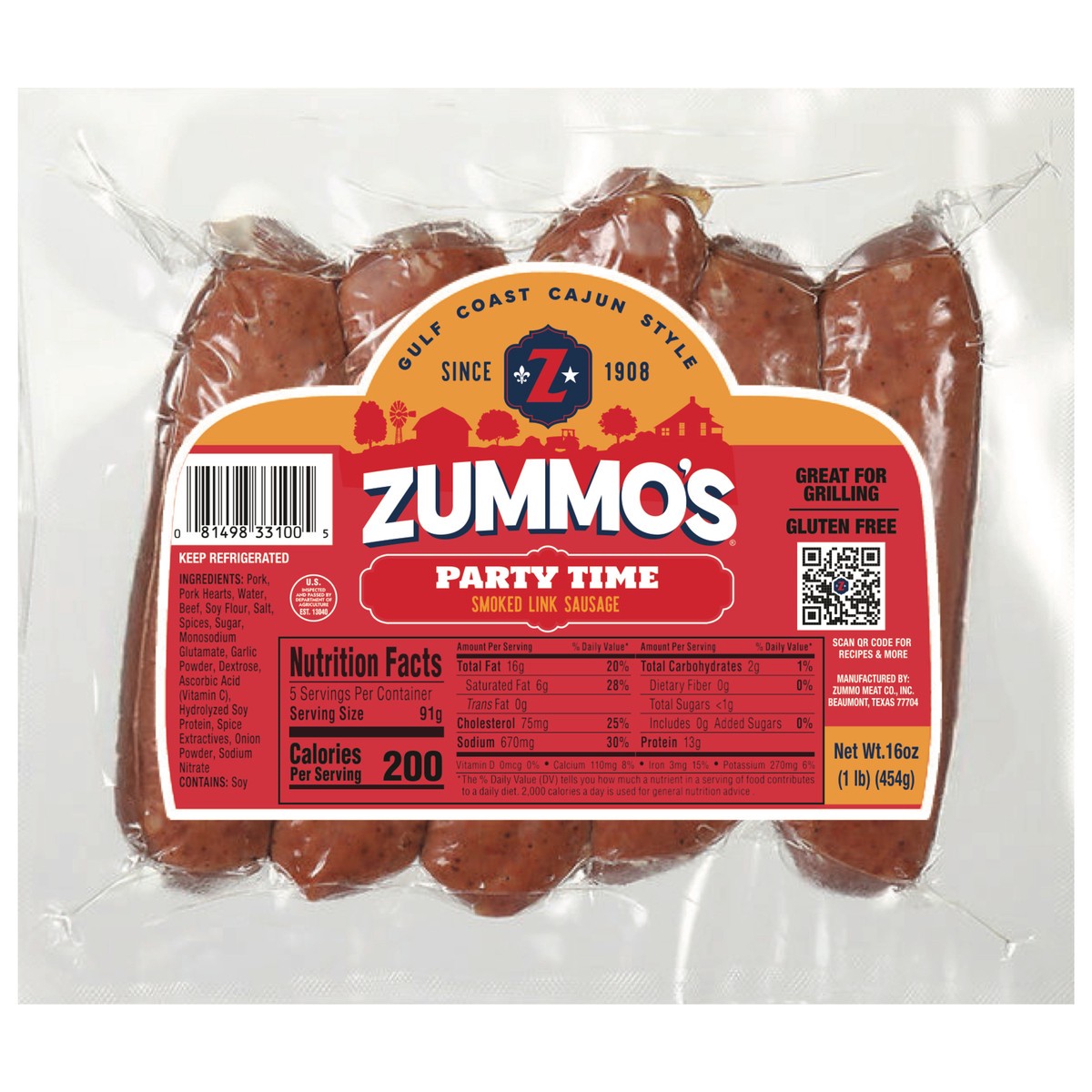 slide 1 of 13, Zummo's Party Time Smoked Sausage, 16 oz