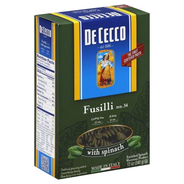 slide 1 of 1, De Cecco Spinach Fusilli Pasta, 12 oz