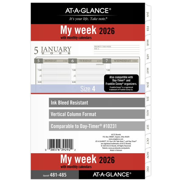 slide 1 of 5, AT-A-GLANCE® 2026 Column Style Weekly Monthly Planner Refill, Loose-Leaf, Desk Size, 5 1/2"" x 8 1/2"", 1 ct