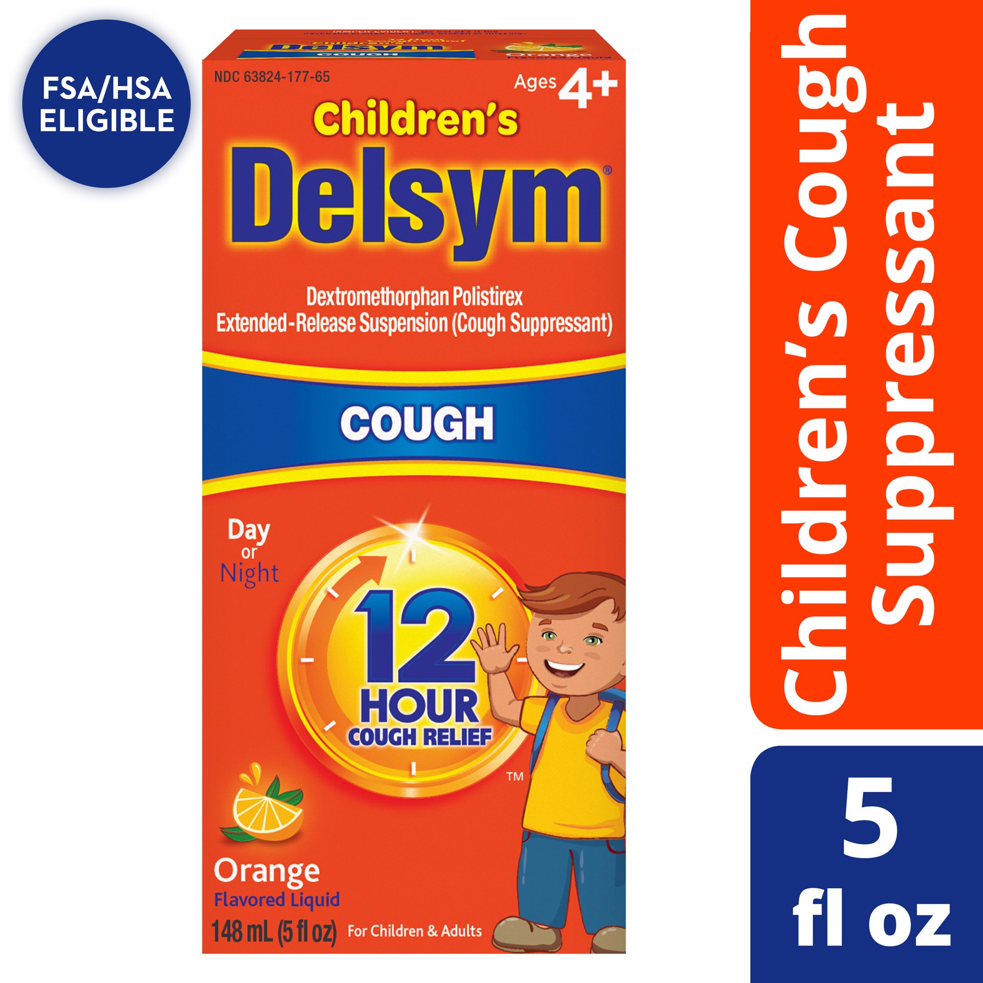 slide 1 of 4, Delsym Children's Cough Suppressant Liquid, Orange Flavor, 5 Ounce, 5 oz