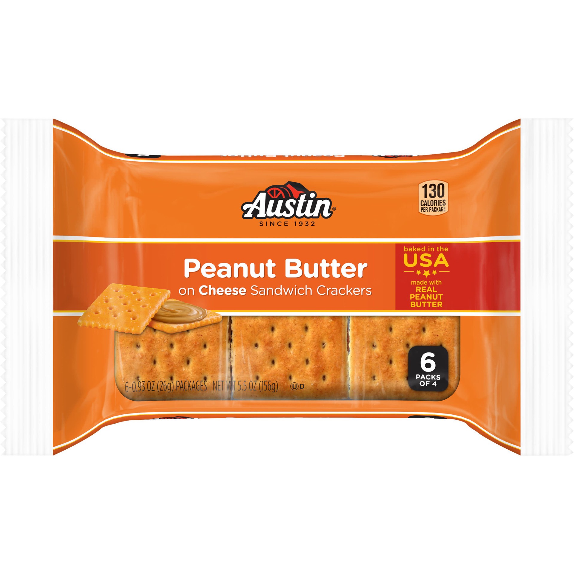 slide 1 of 13, Austin Sandwich Crackers, Peanut Butter on Cheese, 5.5 oz, 6 Count, 5.5 oz