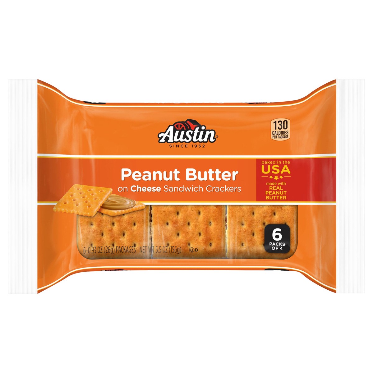 slide 13 of 13, Austin Sandwich Crackers, Peanut Butter on Cheese, 5.5 oz, 6 Count, 5.5 oz