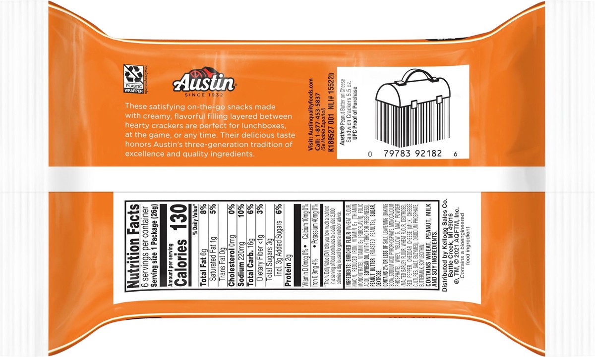 slide 3 of 13, Austin Sandwich Crackers, Peanut Butter on Cheese, 5.5 oz, 6 Count, 5.5 oz