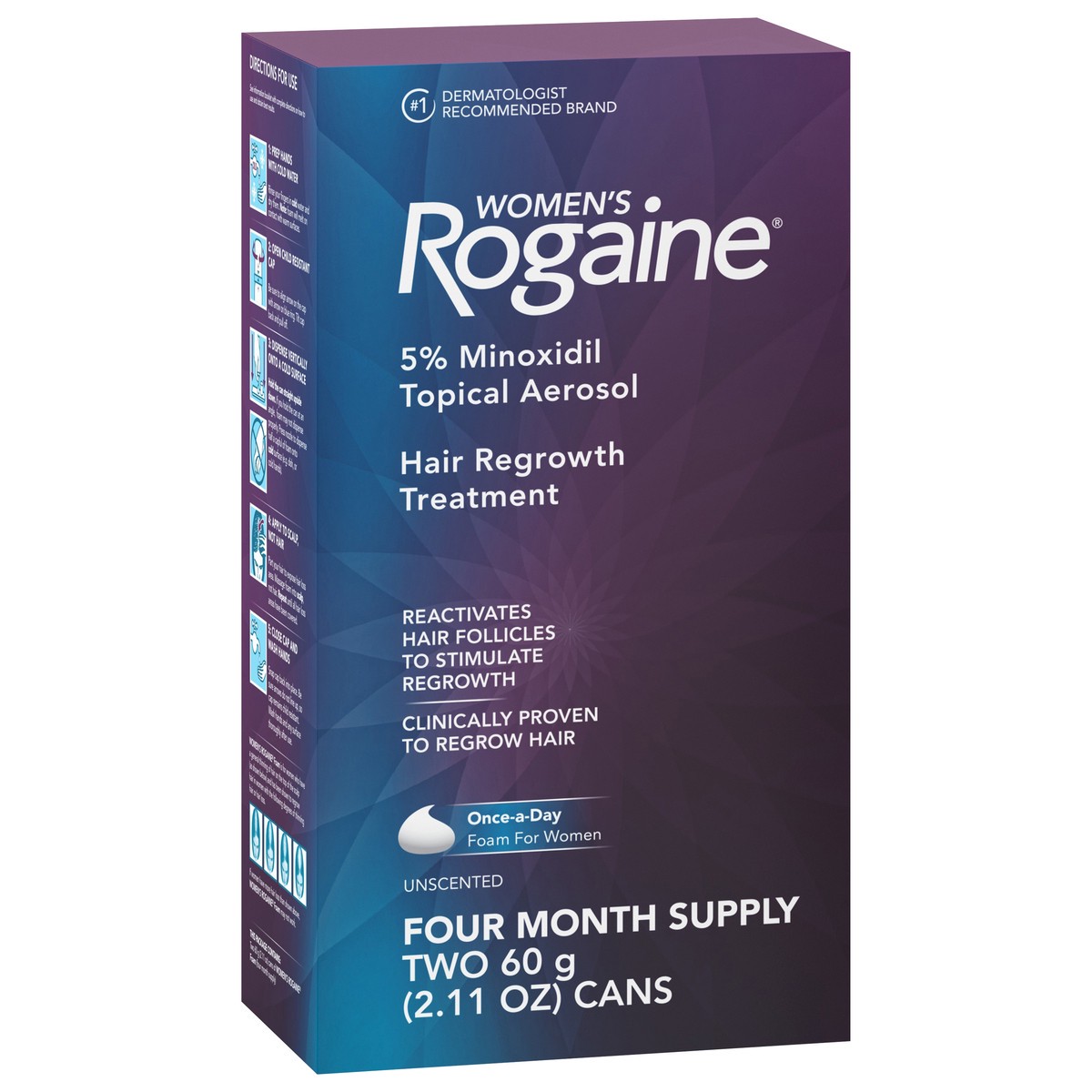 slide 2 of 8, Rogaine Women's Rogaine 5% Minoxidil Foam for Thinning Hair & Loss, Topical Once-A-Day Hair Fall Treatment for Women's Hair Regrowth, Unscented Minoxidil Foam, 4-Month Supply, 2 x 2.11 oz, 120 g