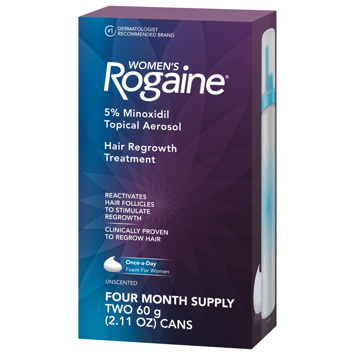 slide 3 of 8, Rogaine Women's Rogaine 5% Minoxidil Foam for Thinning Hair & Loss, Topical Once-A-Day Hair Fall Treatment for Women's Hair Regrowth, Unscented Minoxidil Foam, 4-Month Supply, 2 x 2.11 oz, 120 g