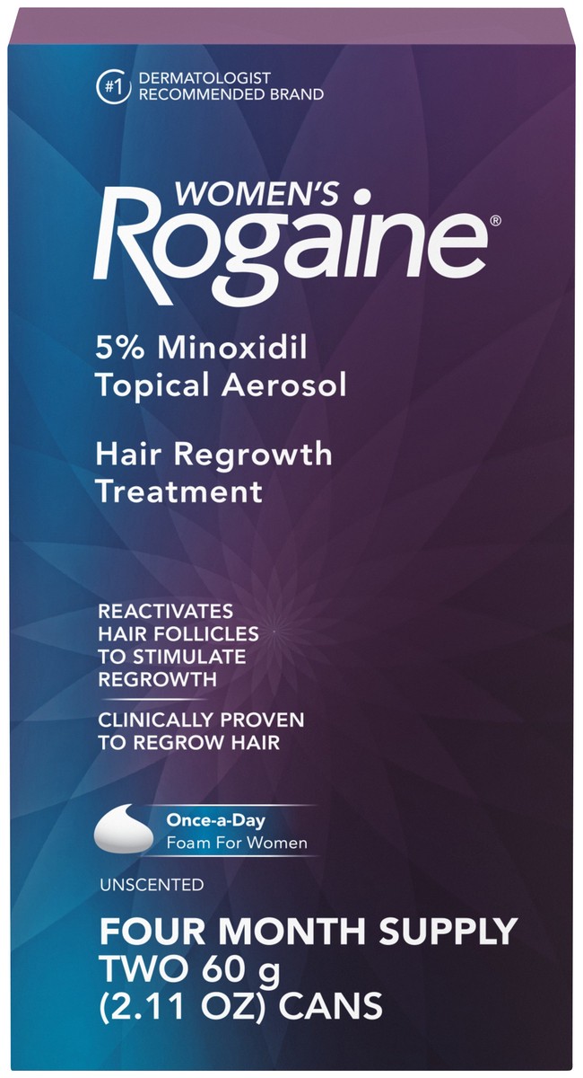 slide 6 of 8, Rogaine Women's Rogaine 5% Minoxidil Foam for Thinning Hair & Loss, Topical Once-A-Day Hair Fall Treatment for Women's Hair Regrowth, Unscented Minoxidil Foam, 4-Month Supply, 2 x 2.11 oz, 120 g