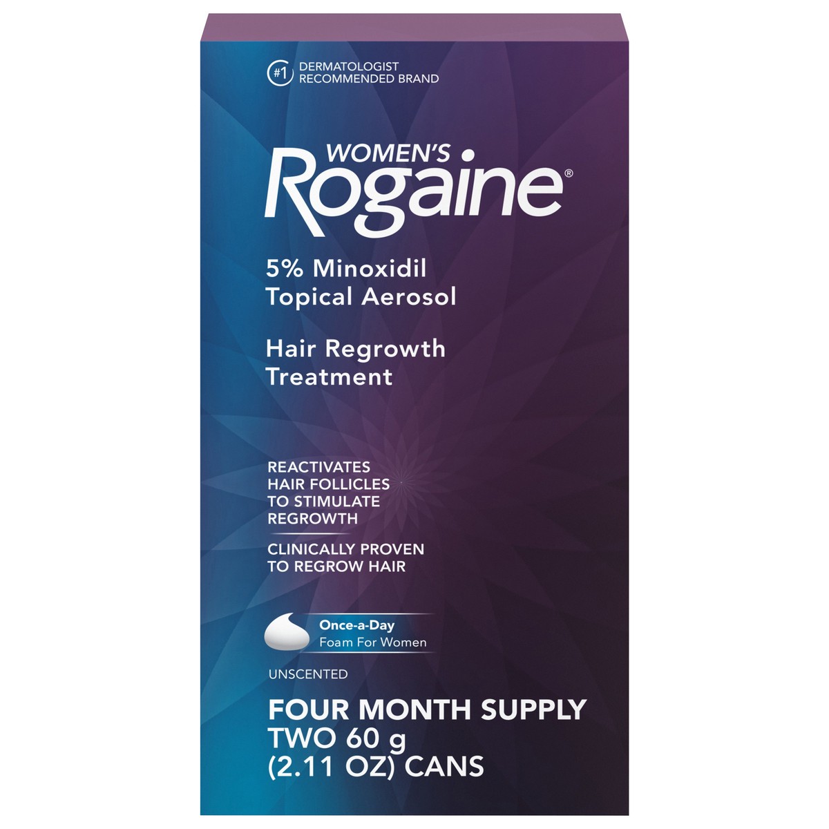 slide 1 of 8, Rogaine Women's Rogaine 5% Minoxidil Foam for Thinning Hair & Loss, Topical Once-A-Day Hair Fall Treatment for Women's Hair Regrowth, Unscented Minoxidil Foam, 4-Month Supply, 2 x 2.11 oz, 120 g