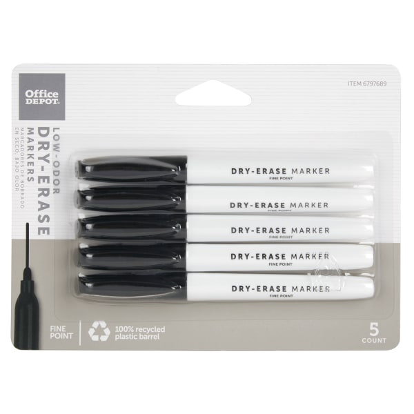 slide 1 of 2, Office Depot Brand Low-Odor Pen-Style Dry-Erase Markers, Fine Point, 100% Recycled, Black Ink, Pack Of 5, 5 ct