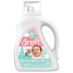 Dreft Stage 2 Active Baby Liquid Laundry Detergent, Helps Remove 99% of Baby Food Stains, Hypoallergenic, 64 loads