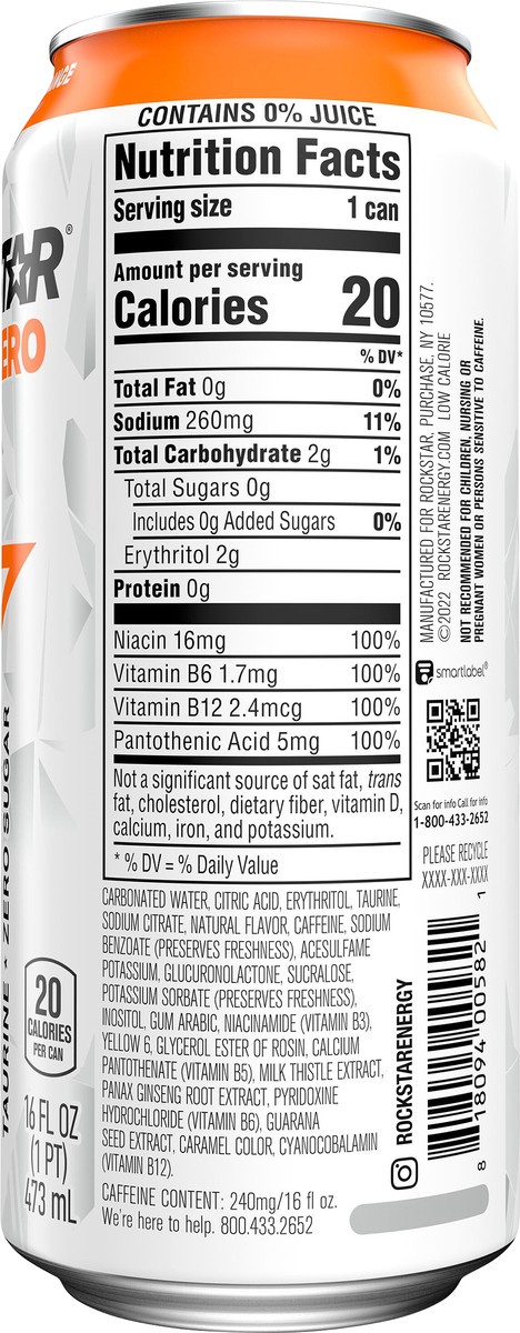 slide 3 of 6, Rockstar Pure Zero Sugar Free Energy Drink Mandarin Orange 16 Fl Oz, 16 oz