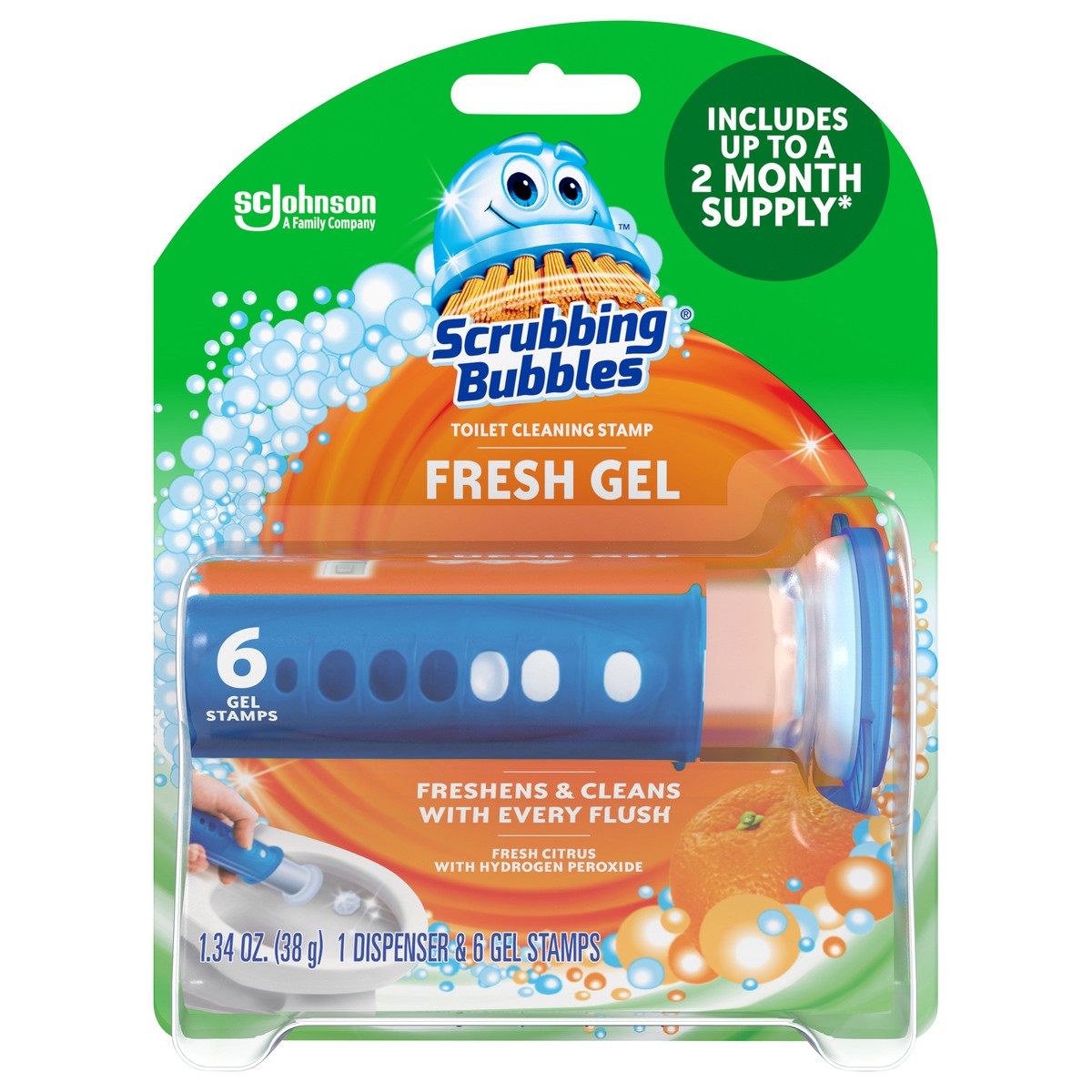 slide 1 of 4, Scrubbing Bubbles Fresh Gel Toilet Cleaning Stamp, Citrus, Dispenser with 6 Gel Stamps, 1.34 oz, 1.34 ct