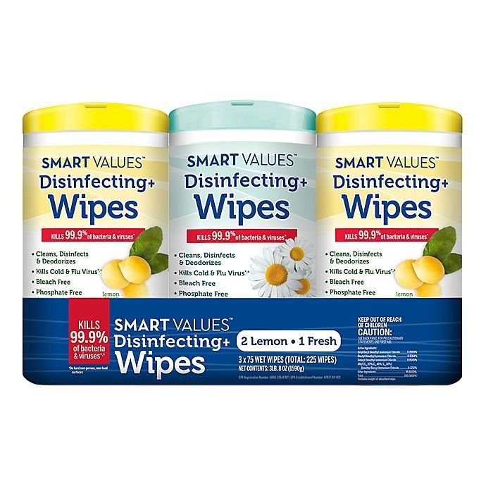 slide 1 of 2, Smart Values Disinfecting Wipes, Lemon and Fresh Scent, 3 pk; 75 ct