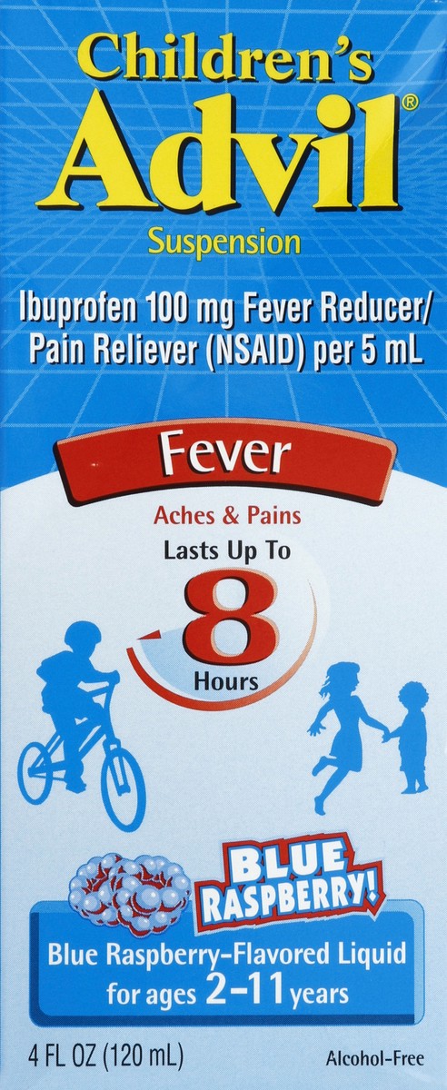 slide 4 of 4, Advil Blue Raspberry Liquid Fever Reducer/Pain Reliever, 4 fl oz; 100 mg