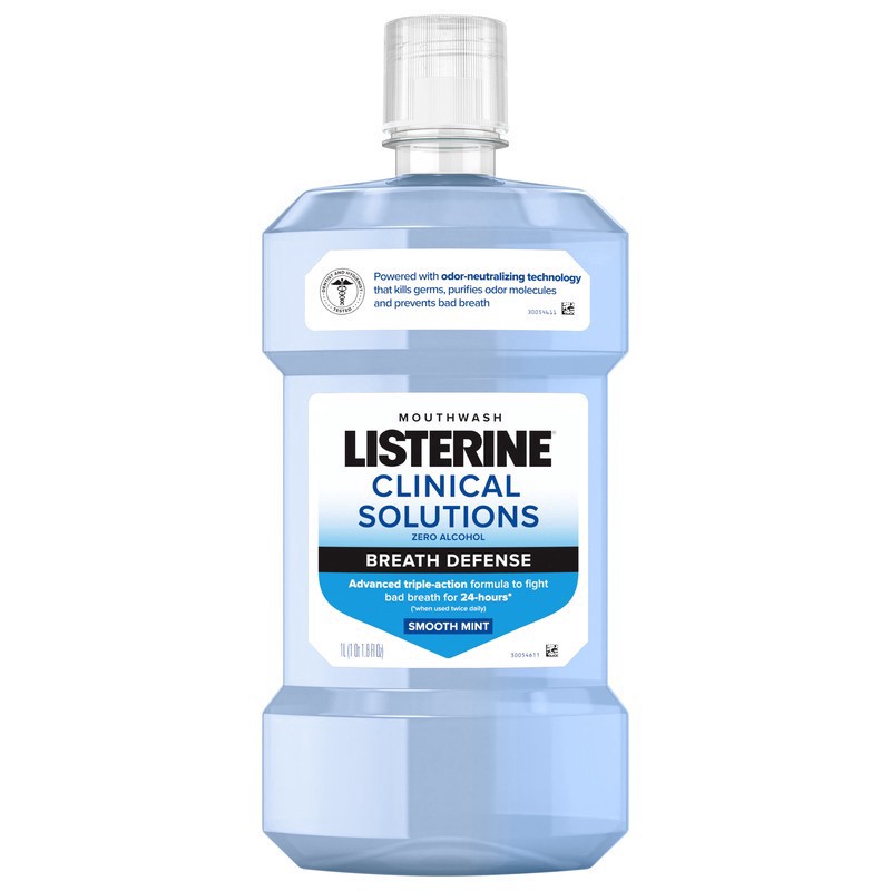 slide 1 of 1, Listerine Clinical Solutions Breath Defense Zero Alcohol Mouthwash, Smooth Mint, 1 L, 33.8 fl oz