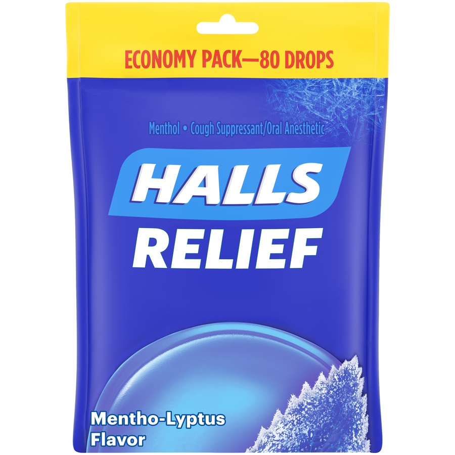 slide 2 of 4, Halls Cough Suppressant/Oral Anesthetic Menthol-Lyptus Flavor Economy Pack, 80 ct