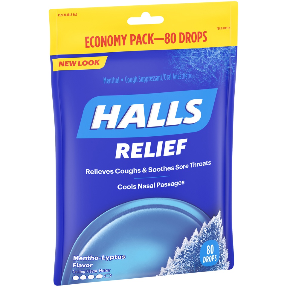 slide 3 of 4, Halls Cough Suppressant/Oral Anesthetic Menthol-Lyptus Flavor Economy Pack, 80 ct