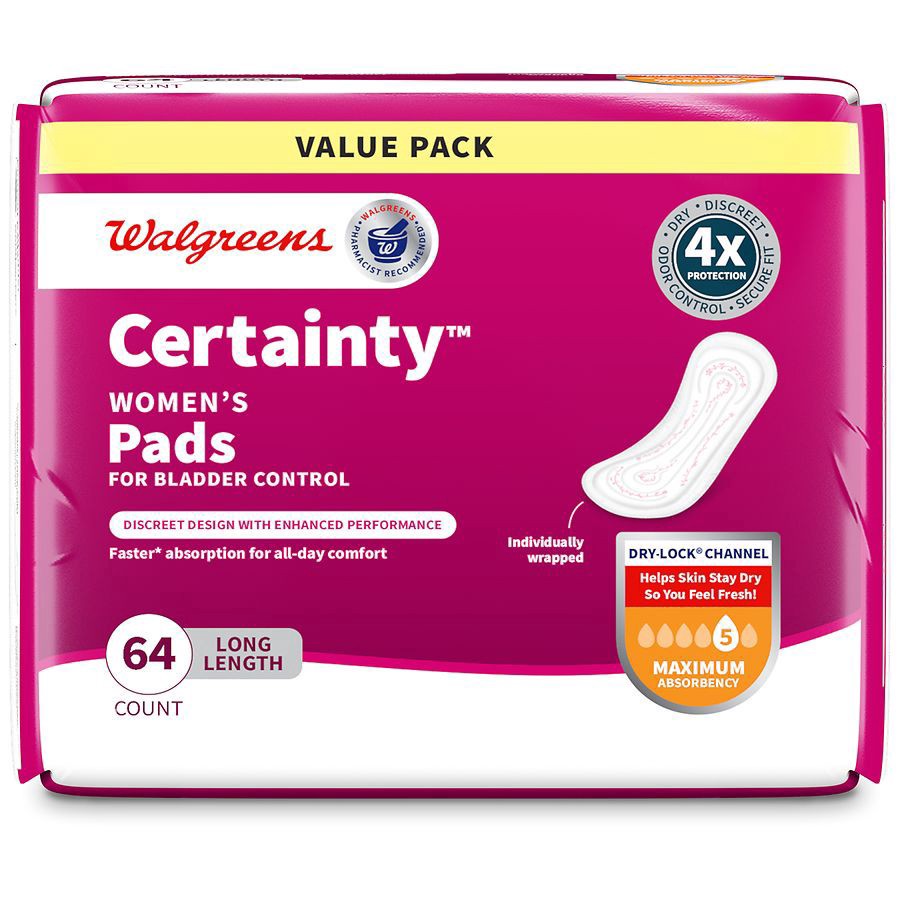 slide 2 of 5, Walgreens Certainty Women's Bladder Control Pads, Maximum Absorbency, Long Length, 64 ct