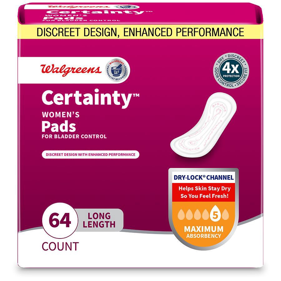 slide 1 of 5, Walgreens Certainty Women's Bladder Control Pads, Maximum Absorbency, Long Length, 64 ct