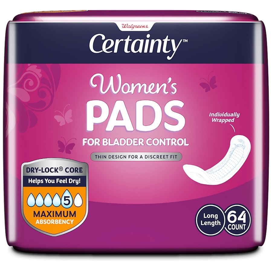slide 1 of 1, Walgreens Certainty Women's Bladder Control Pads, Maximum Absorbency, Long Length, 64 ct