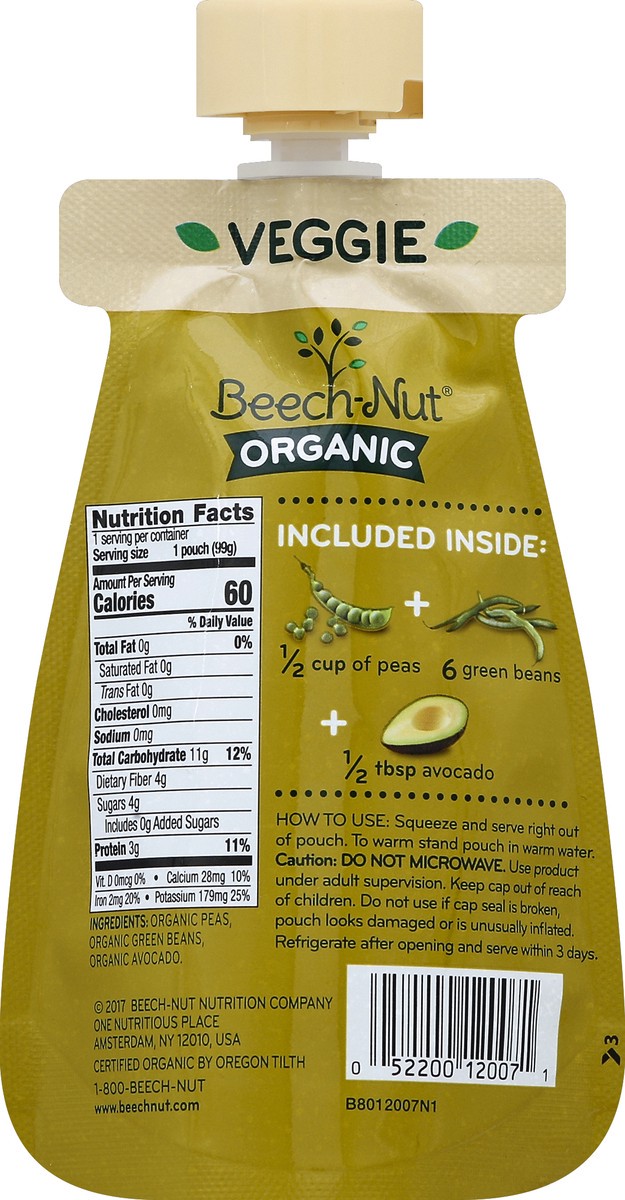 slide 6 of 6, Beech-Nut Organic Cold Puree Pouch - Peas, Green Bean & Avocado, 3.5 oz