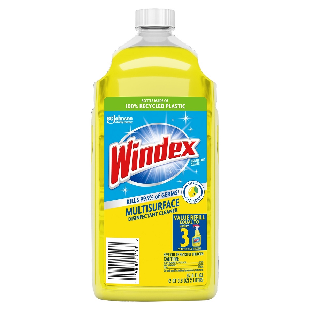 slide 1 of 1, Windex Disinfectant Cleaner Multi-Surface Refill, Citrus Fresh, 2 L, 67.6 fl oz