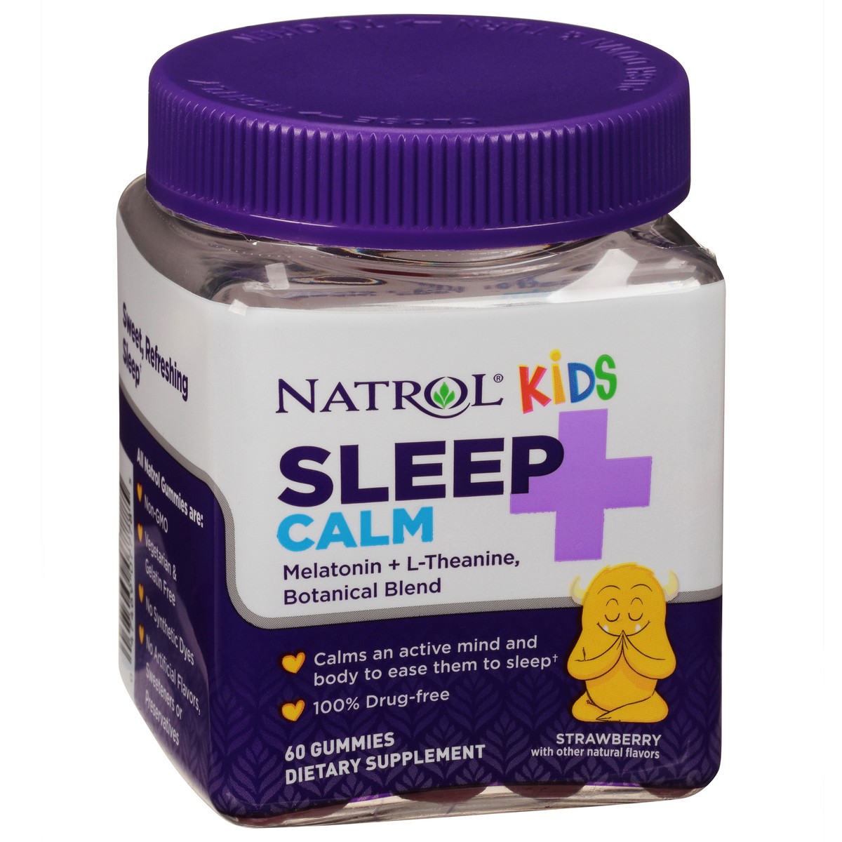 slide 6 of 9, Natrol Kids Sleep+ Calm, Melatonin and L-Theanine, Supplement for Restful Sleep and Calming, Sleep Gummies for Kids, 60 Strawberry-Flavored Melatonin Gummies, 60 Day Supply, 1 ct