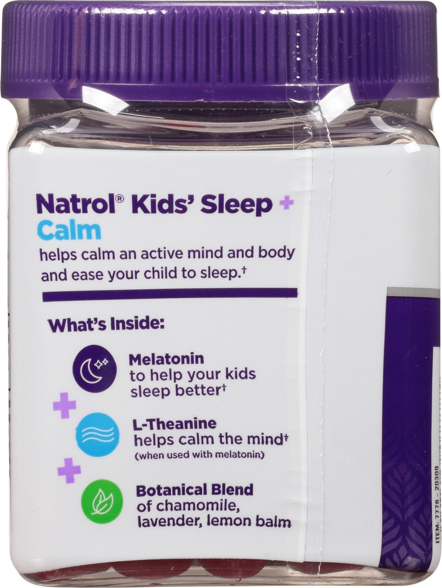 slide 9 of 9, Natrol Kids Sleep+ Calm, Melatonin and L-Theanine, Supplement for Restful Sleep and Calming, Sleep Gummies for Kids, 60 Strawberry-Flavored Melatonin Gummies, 60 Day Supply, 1 ct