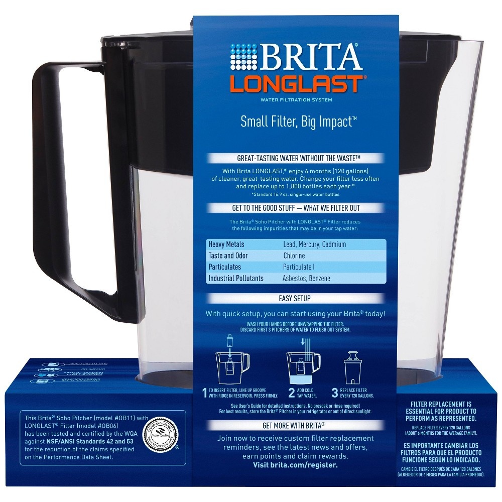 slide 4 of 4, Brita Water Filter Soho Water Pitcher Dispensers with Longlast Water Filter - Black, 2 ct