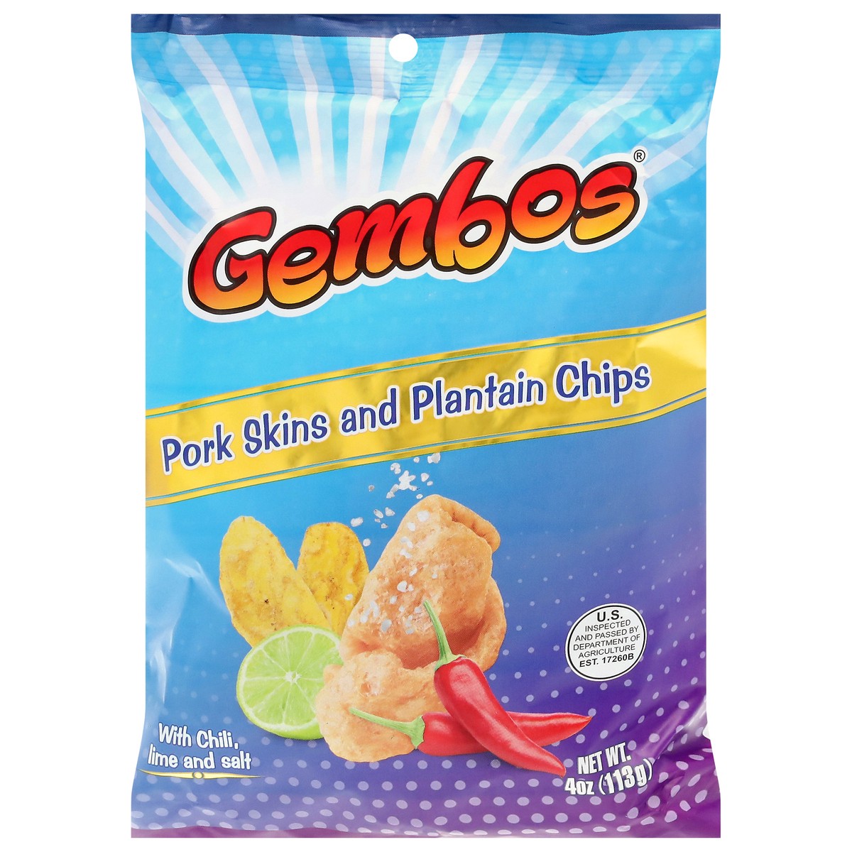 slide 3 of 13, Gembos Pork Skins and Plantain Chips with Chili, Lime and Salt 4 oz, 4 oz