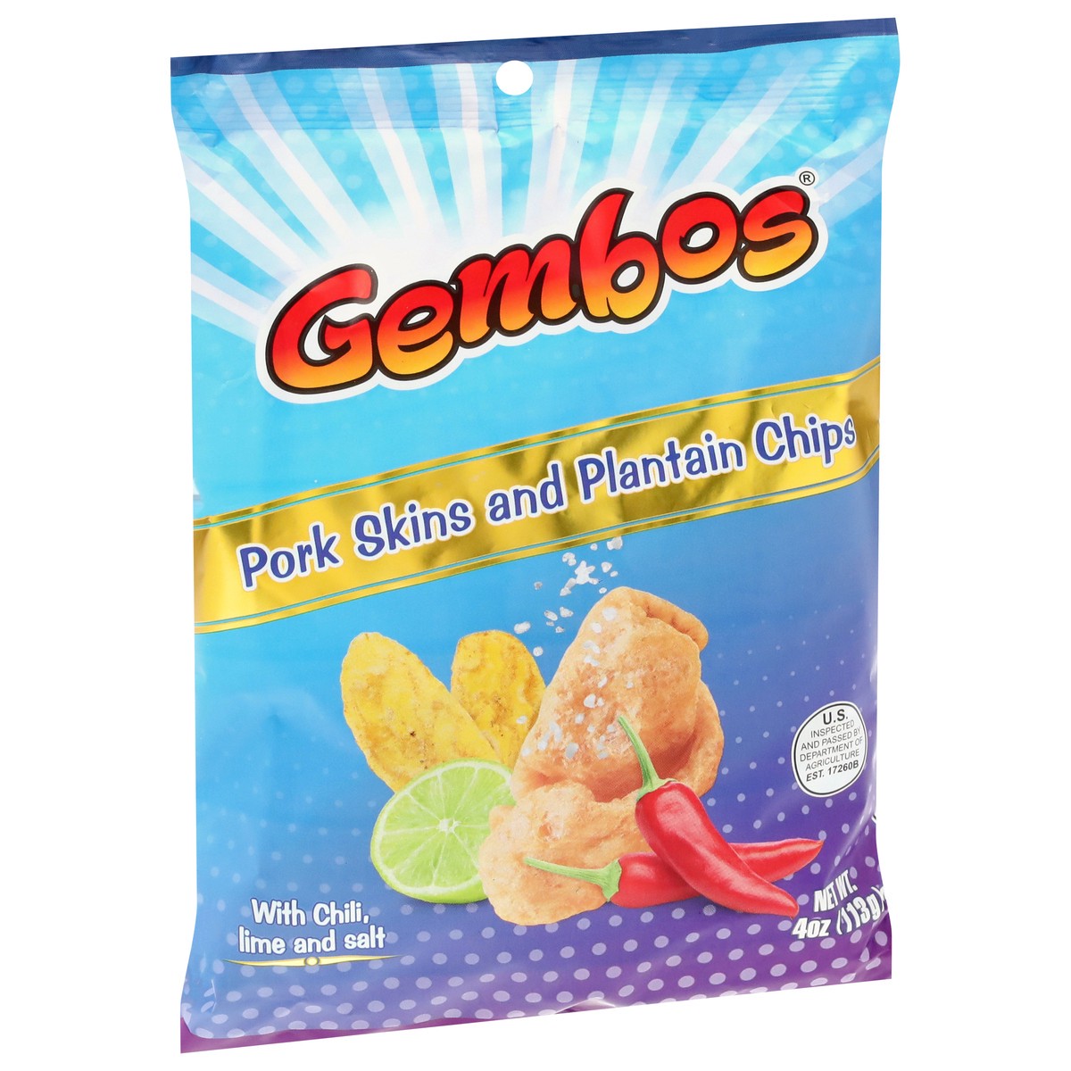 slide 6 of 13, Gembos Pork Skins and Plantain Chips with Chili, Lime and Salt 4 oz, 4 oz
