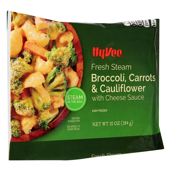 slide 1 of 1, Hy-vee Steam Quick, Broccoli, Carrots & Cauliflower With Cheese Sauce, 10 oz