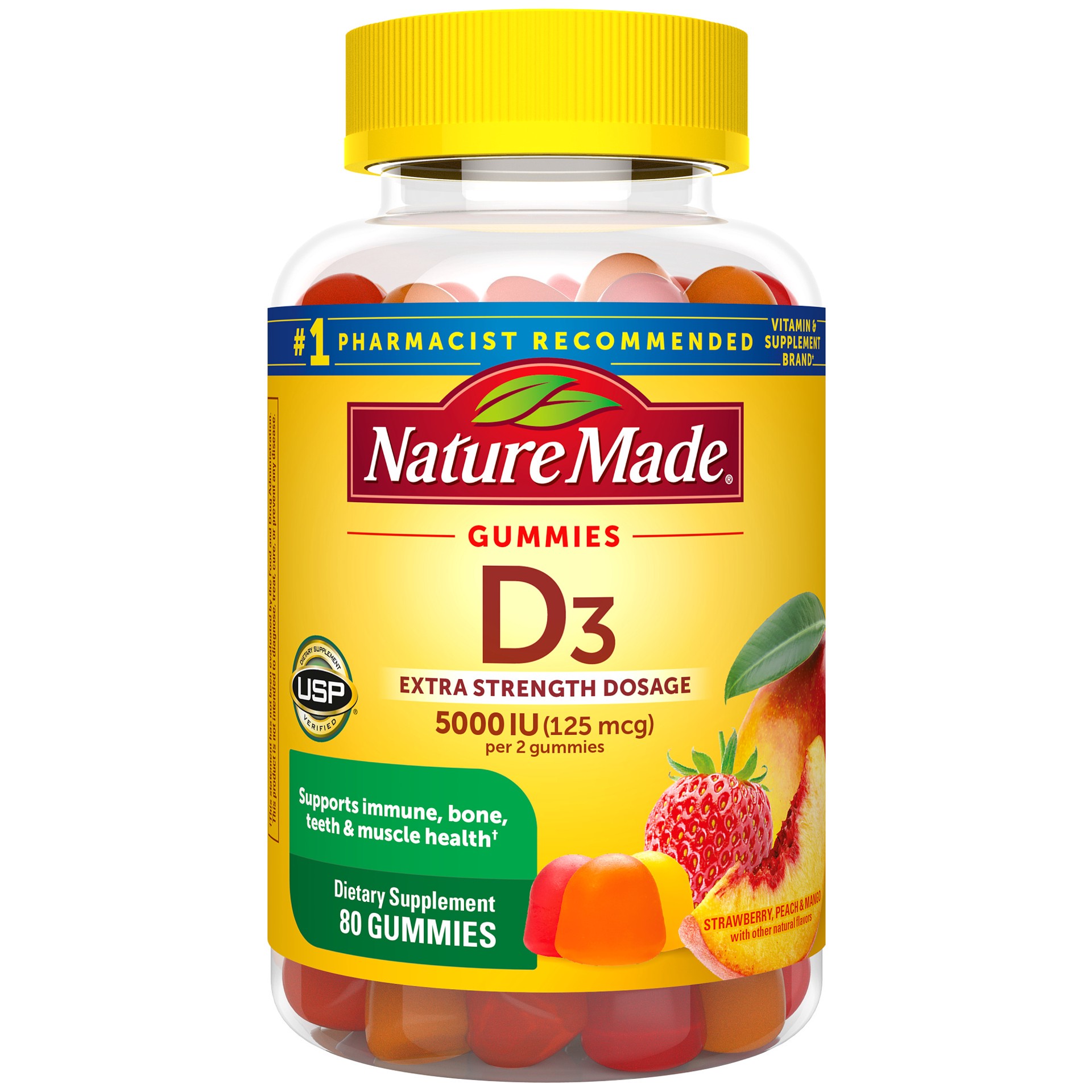 slide 1 of 2, Nature Made Extra Strength Vitamin D3 5000 IU (125 mcg) per serving, Dietary Supplement for Bone, Teeth, Muscle and Immune Health Support, 80 Gummies, 40 Day Supply, 80 ct