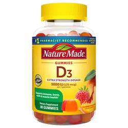 Nature Made Vitamin D3 5000 IU Per Serving Gummies Extra Strength, Bone and Immune Health Support, 80 Vitamin D Gummies for Adults, 40 Day Supply