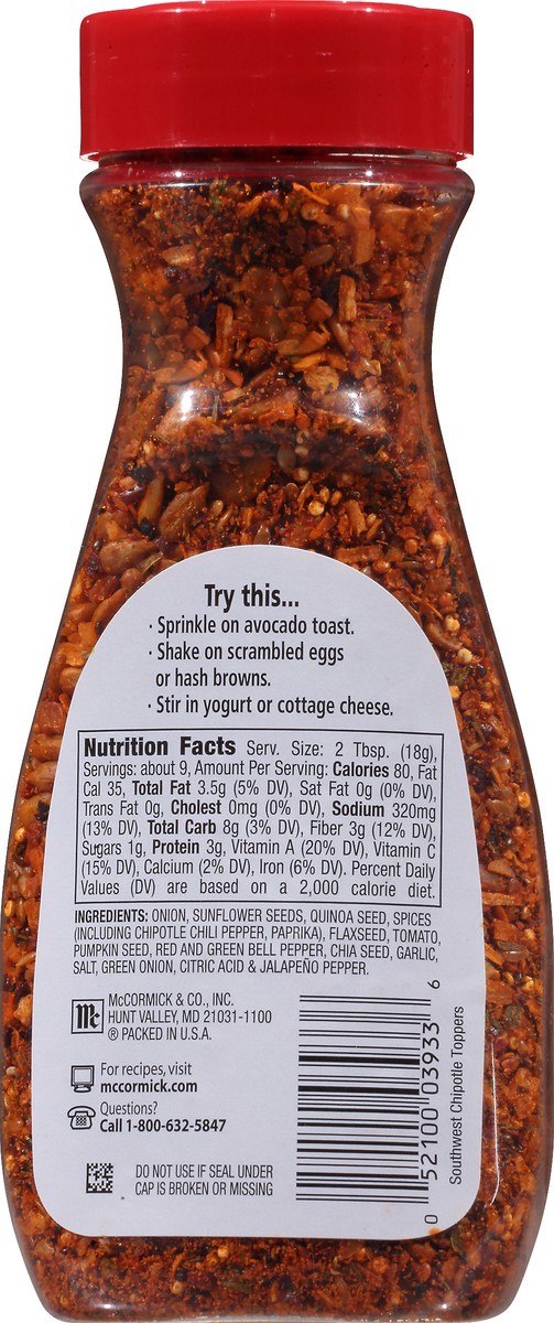 slide 11 of 14, McCormick Good Morning Breakfast Toppers Southwest Chipotle with Chia & Flax 6 oz Bottle, 6 oz