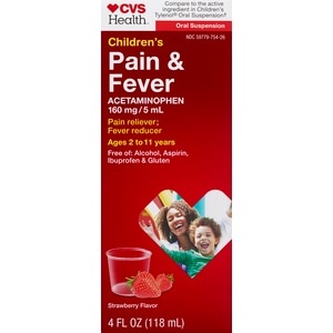 slide 1 of 1, CVS Health Children's Pain & Fever Suspension Liquid Strawberry, 4 Oz, 4 fl oz; 118 ml