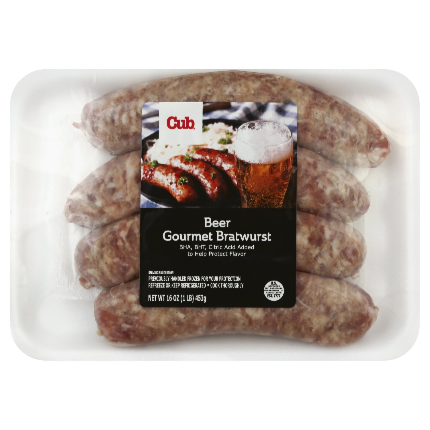 slide 1 of 1, Cub Gourmet Beer Bratwurst, 16 oz