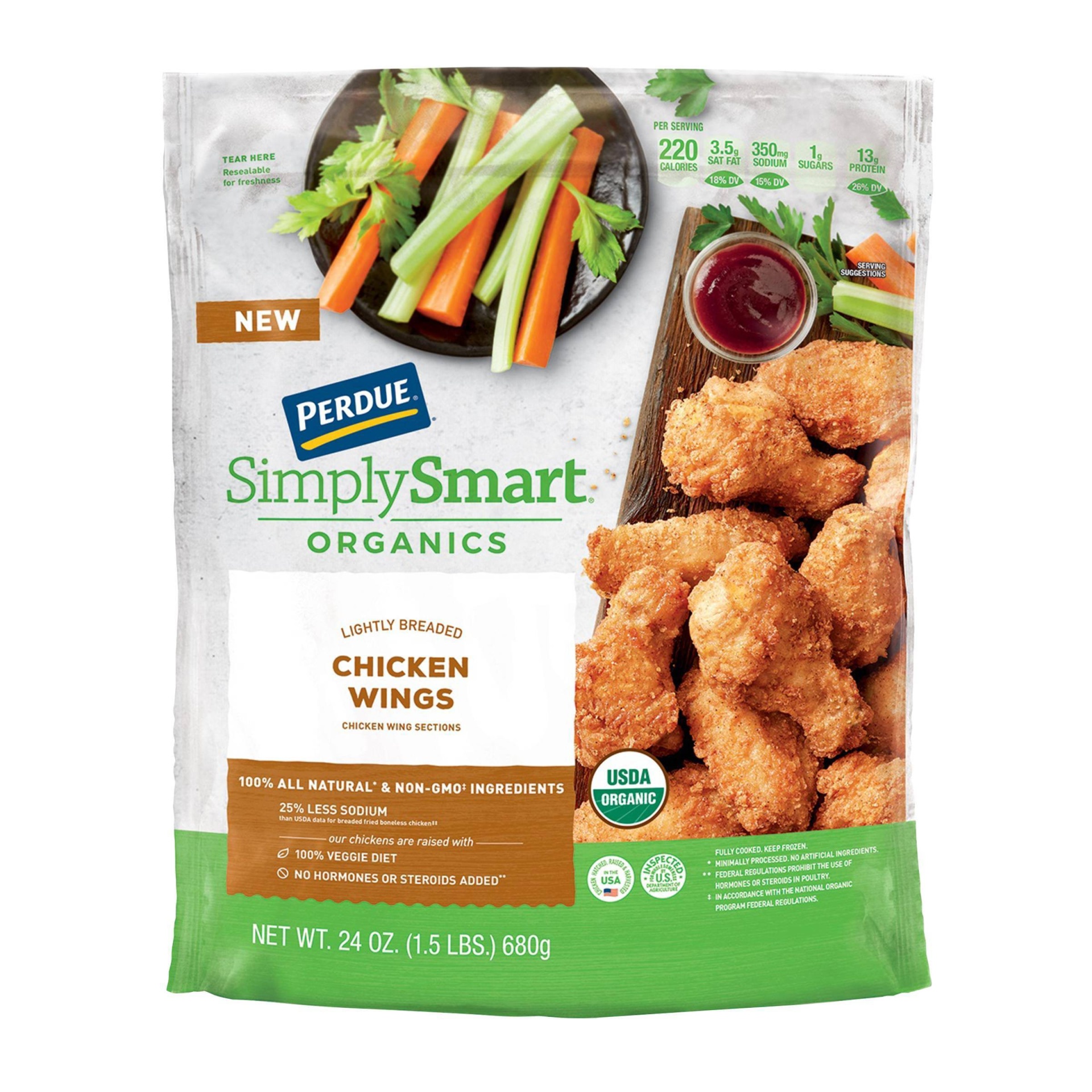 slide 1 of 1, Perdue Simply Smart Organic Lightly Breaded Chicken Wings, 24 oz