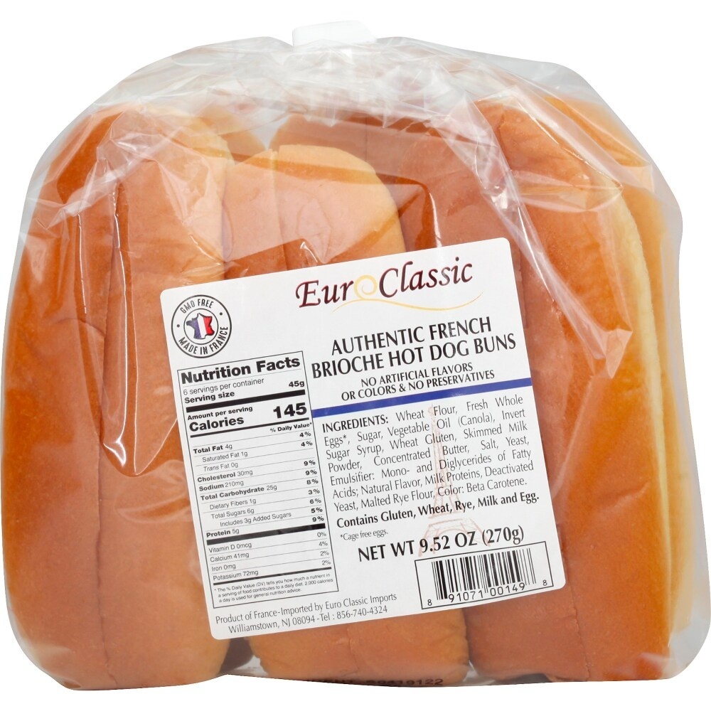 slide 1 of 1, Euro Classic Authentic Broiche Hot Dog Buns, 9.52 oz