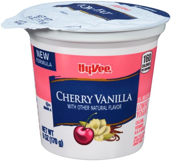 slide 1 of 1, Hy-Vee Cherry Vanilla Lowfat Yogurt, 6 oz