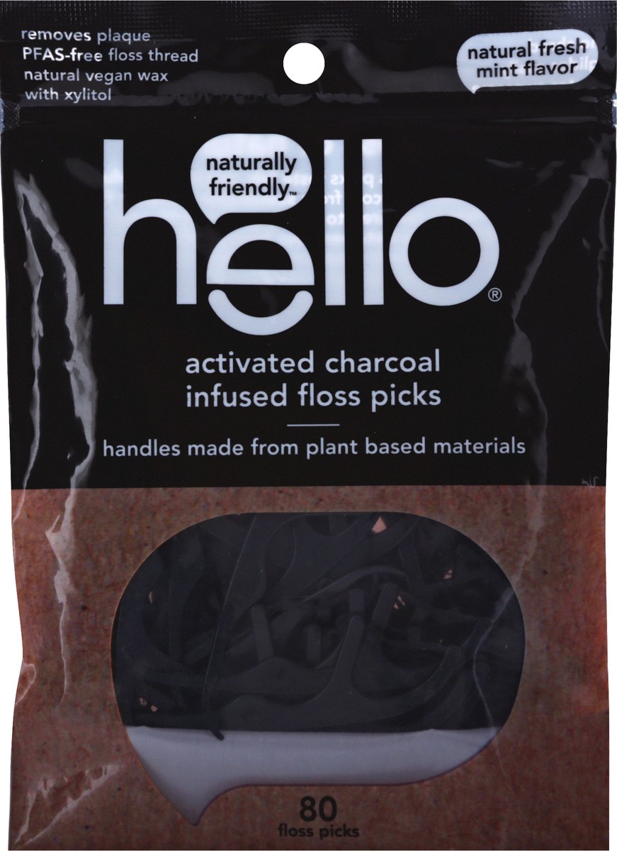 slide 5 of 9, Hello Activated Charcoal Infused Natural Fresh Mint Flavor Floss Picks 80 ea, 80 ct