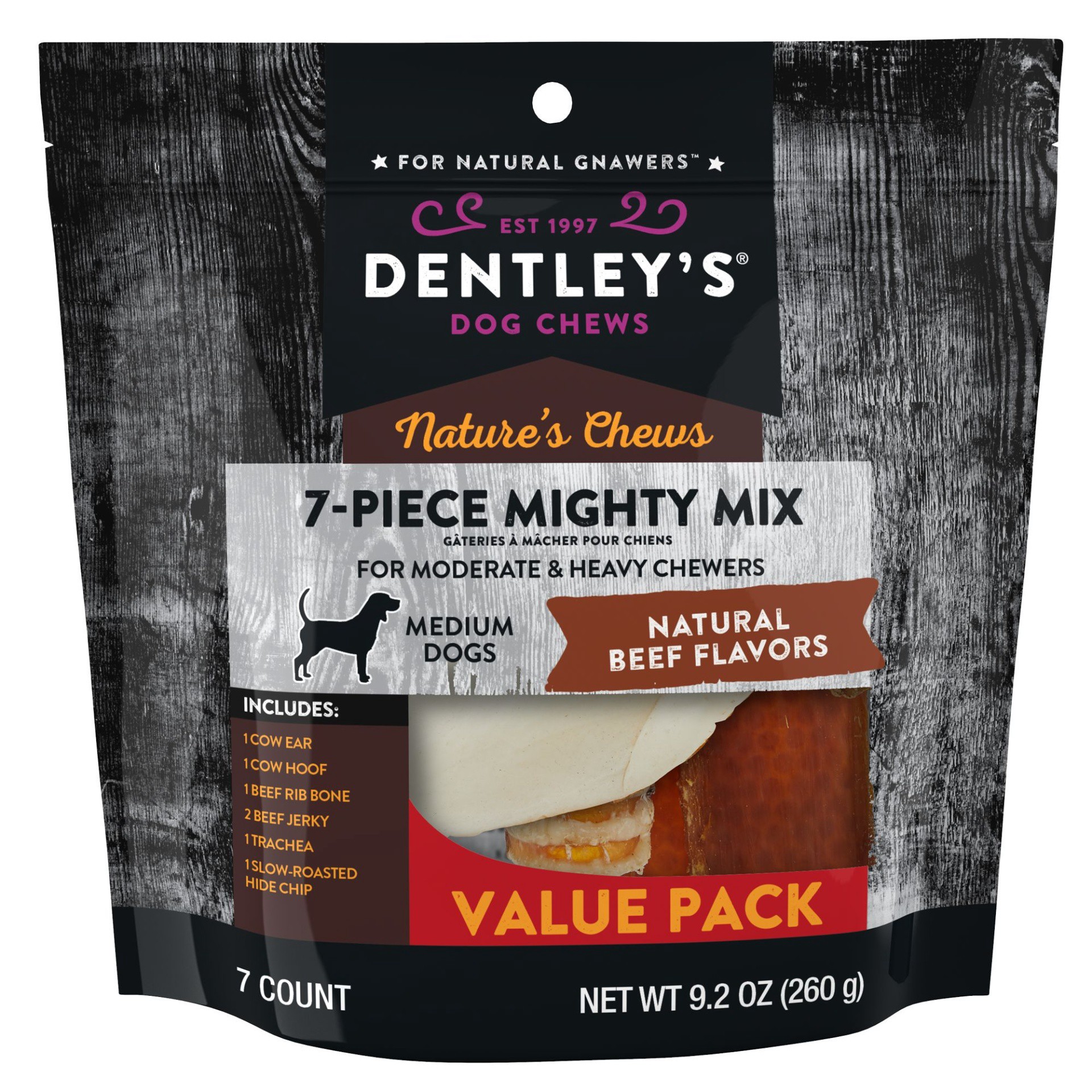 slide 1 of 1, Dentley's Nature's Chews 7-Piece Mighty Mix Value Pack Dog Chew, MED
