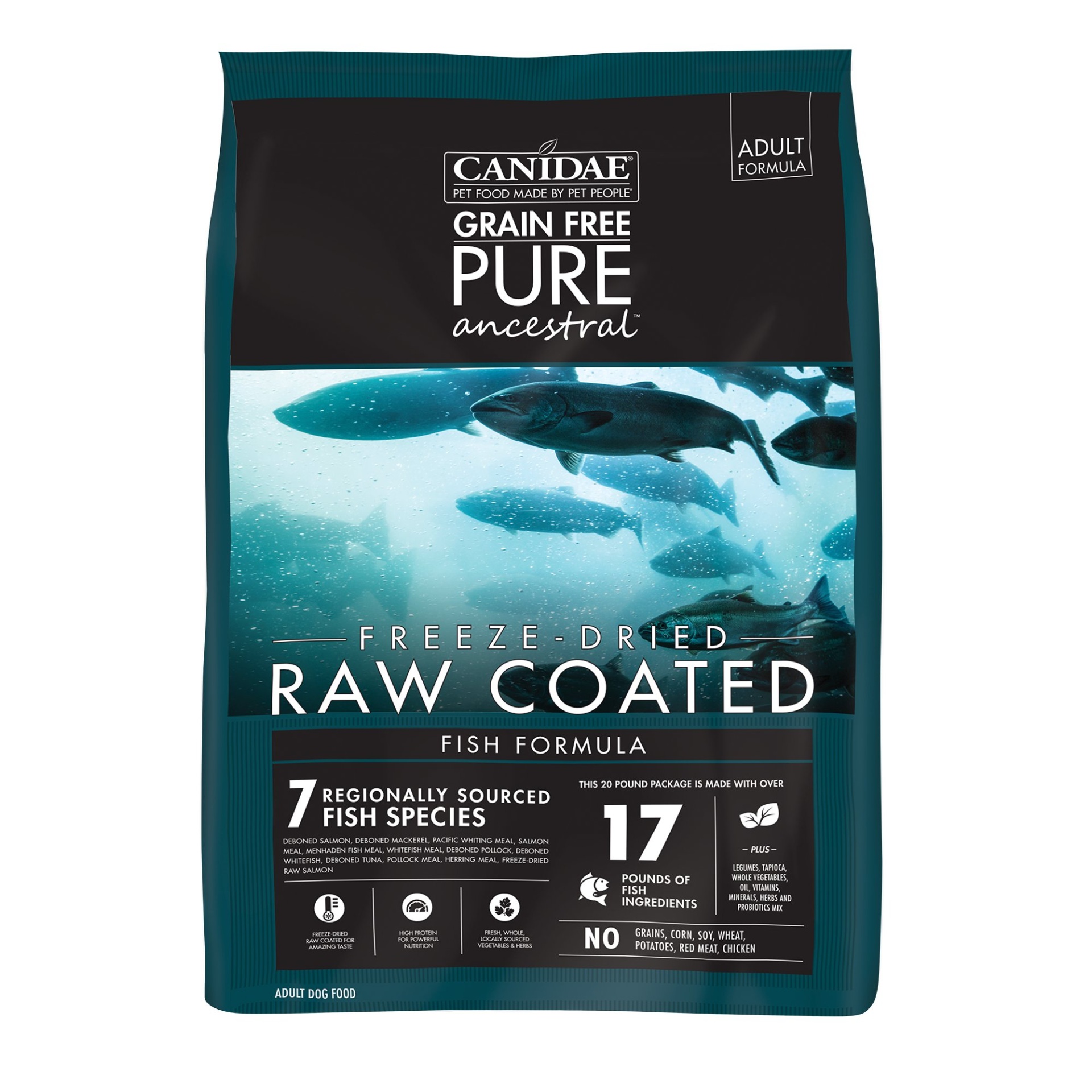 slide 1 of 1, CANIDAE Grain Free PURE Ancestral Diet Dog Dry Raw Coated Fish Formula with Salmon, Mackerel, & Pacific Whiting, 20 lb