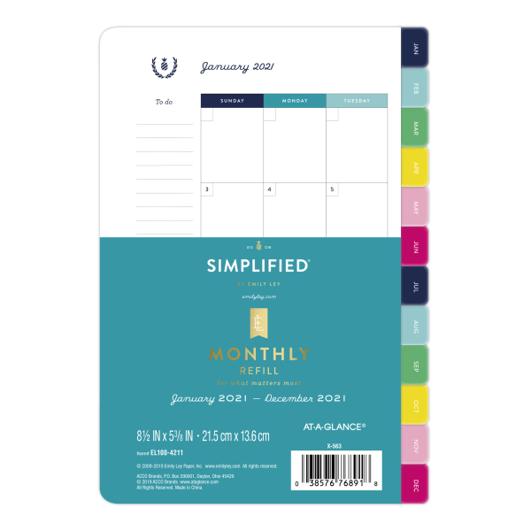 slide 1 of 4, Emily Ley Simplified System Monthly Refill, 5-1/2'' X 8-1/2'', Black/White, January To December 2021, El100-4211, 1 ct