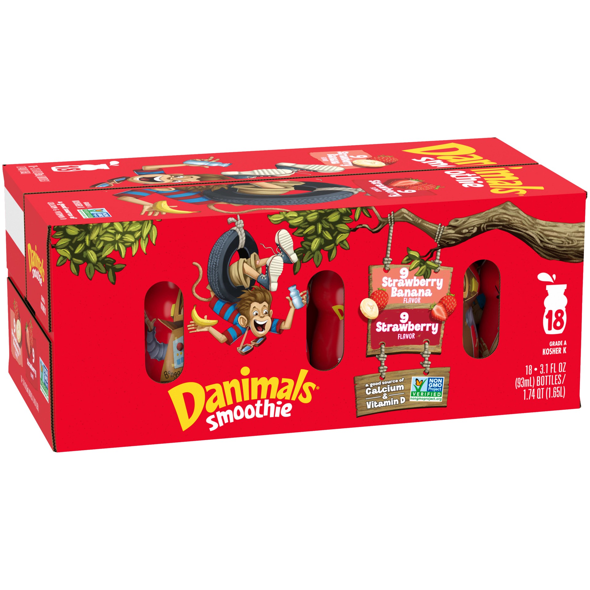 slide 4 of 5, Danimals Smoothie Strawberry Explosion and Swingin' Strawberry Banana Dairy Drink Multi-Pack, Easy Snacks for Kids, 18 Ct, 3.1 OZ Smoothie Bottles, 3.10 fl oz